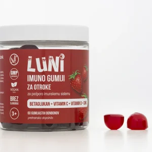 Embalaža Luni Imuno gumiji za otroke z vzorčnimi gumiji raztresenimi ob strani.